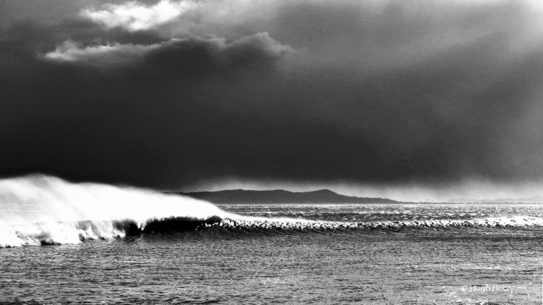 Against the wind a storm wave approaches the shore