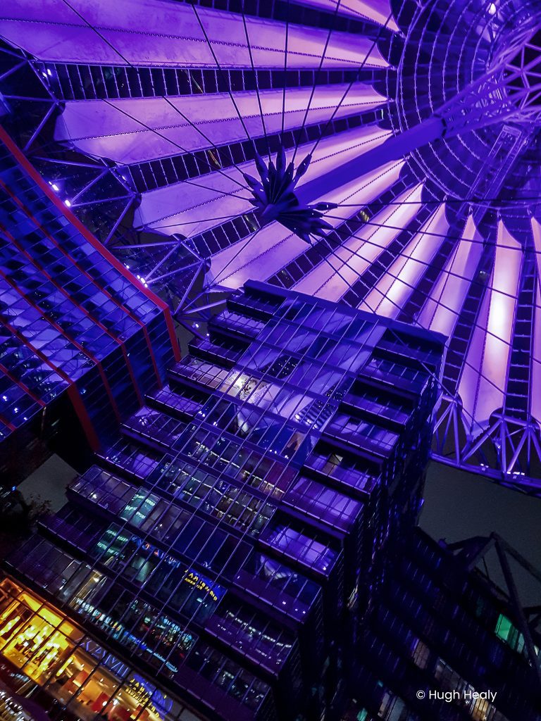 Sony Centre Berlin at night.